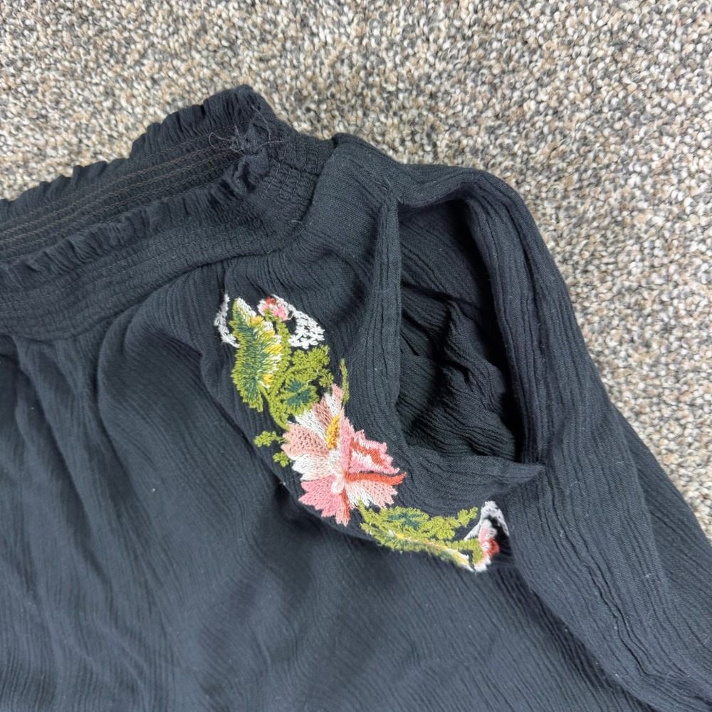 Free People Black Floral Embroidered Wide Leg Gauze Pants XS Smocked Waist Boho - Picture 4 of 12